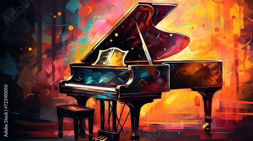 Music from a grand piano projecting a artistic colorful background. A grand piano with lid open, with oil painting style artistic background.