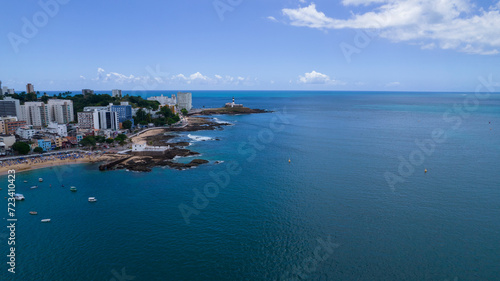 Aerial view by the sea of strongholds Santa Maria and Barra Lighthouse in Salvador, Bahia, Brazil