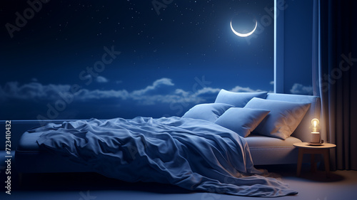 Sleep day, asleep and health problems, insomnia, soft bed time night lazy pillow comfort room, relax melatonin, woman man girl boy, moon star, banner copy space greeting card background.