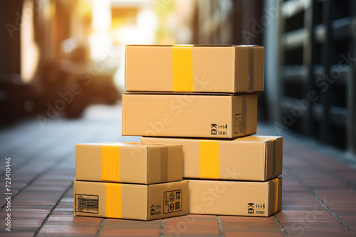Cardboard boxes are in a warehouse with bokeh background. The concept of logistics of cargo, parcels. Generated by artificial intelligence © Vovmar