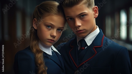 A young boy and girl in school uniforms. Generative AI.
