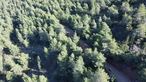 Aerial view of motocross bikers in the trees at the mountain. This is an aerial panoramic shot of  motocrossers in the trees on the mountain, with a nature sunny panoramic view made with a drone photo
