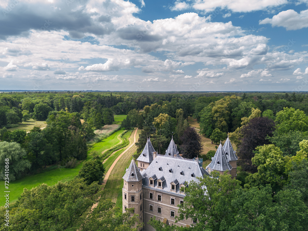 Summer aerial landscape view of Gołuchów Castle (Zamek w Gołuchowie), Wielkopolska, Poland