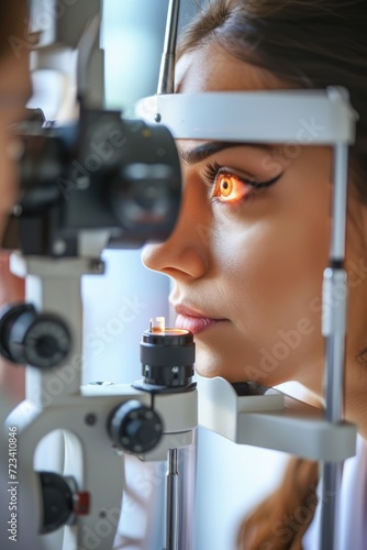 Doctor ophthalmologist checking eye vision of a patient in a modern clinic