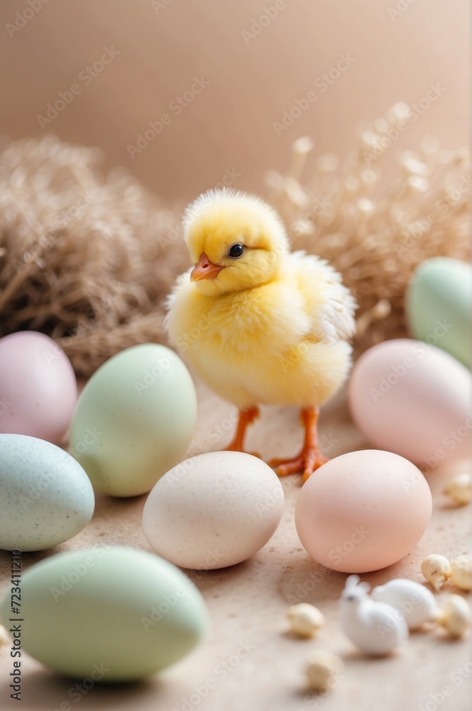 A yellow chick stands among several colored Easter eggs.