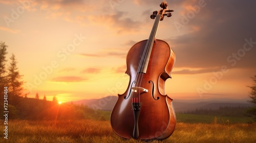 Closeup violin among the nature in the sunset photo