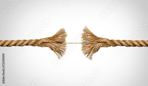 Broken Rope stretched with force and stressed to a breaking point as a fragility metaphor of a thin connection under pressure and weakness or anxiety as a rupture breaking apart as strength or vulnera