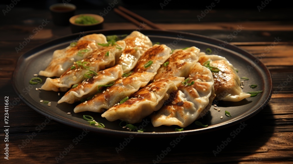 Closeup gyoza dumplings on the black plate on the table, Japanese and Korean cuisine food concept Closeup gyoza dumplings on the black plate on the table, Japanese and Korean cuisine food concept