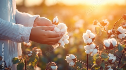 Closeup woman hand holding ball of a cotton plant in a sunny day in cotton field