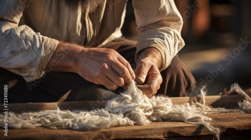 Closeup old man working with freshly harvested cotton wool