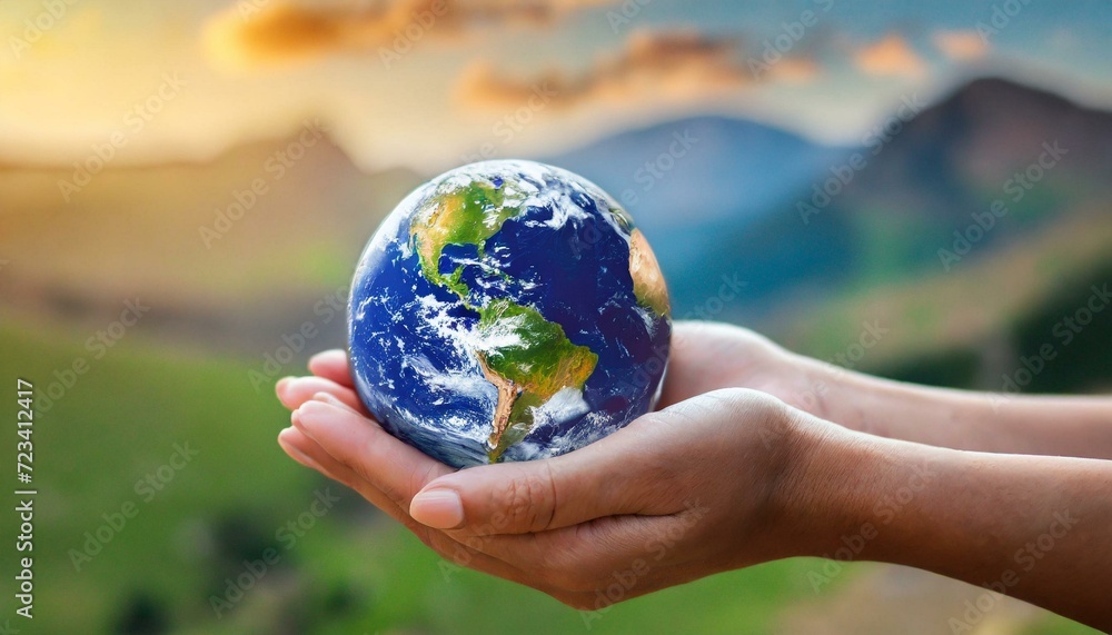 Hands holding earth. Concept of protecting the world from global warming. Sustainability topic to save the world. 