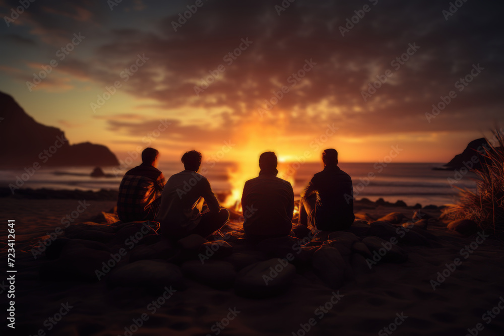 A group of friends enjoying a bonfire on the beach, sharing stories and laughter as they welcome the first sunrise of the year. Generative Ai.