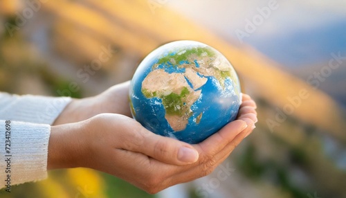 Hands holding earth. Concept of protecting the world from global warming. Sustainability topic to save the world.