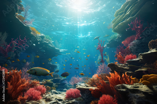 Explore the depths of a surreal underwater world, where vibrant marine life and dreamlike visuals come together in harmony. Generative Ai.