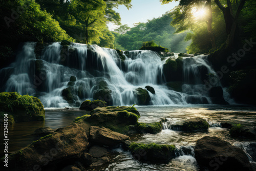 Experience the harmonious beauty of cascading waterfalls, capturing the fluidity and grace of nature in a mesmerizing display. Generative Ai.