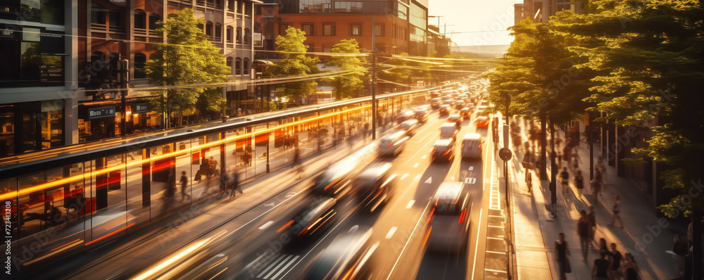 View on traffic in the city on blurred motion on sunset. Transportation concept.