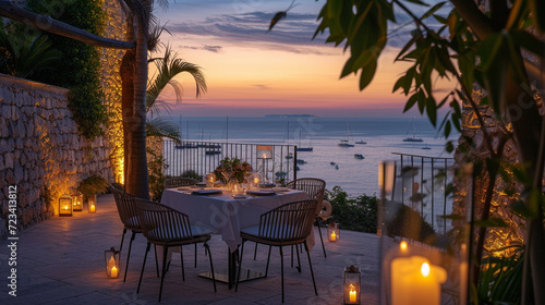 A romantic dinner on the terrace of a Michelin-starred restaurant with a view of the Mediterranean  creating an elegant and intimate scene  with space for gourmet messages