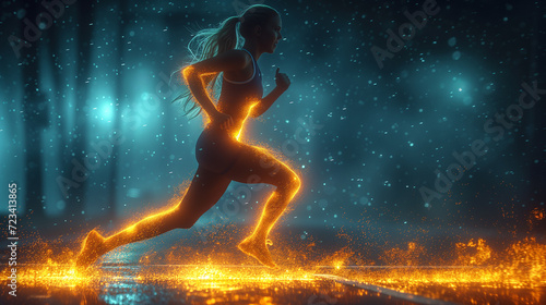 This athletic woman's glowing silhouette showcases dedication to fitness and speed © Emiliia