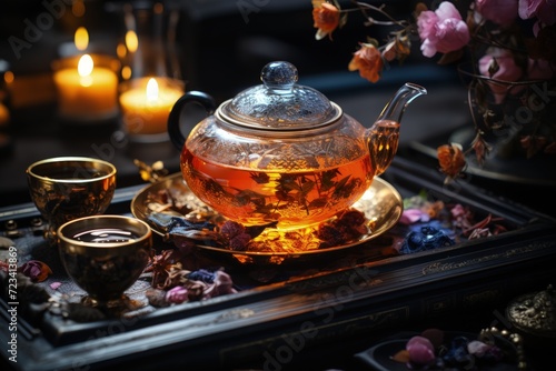 invigorating elegance: Kettle of tea, brewing, a cup of tranquil tea, capturing serenity and flavor in every sip, embracing the art of relaxation and timeless rituals