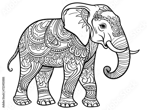 Coloring book full length elephant antistress  natural environment. Generative ai  black lines