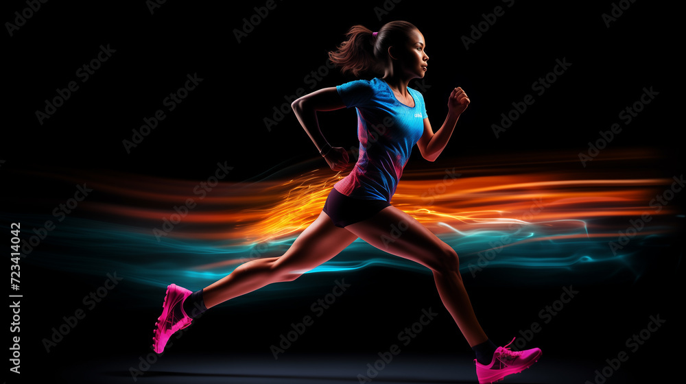 A determined sportswoman races forward, creating blaze of speed as she sprints with intensity