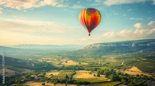 A couple enjoying a scenic hot air balloon ride over the picturesque landscapes of Provence, creating a dreamy and romantic scene, with copy space for whimsical text