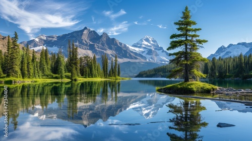 a large pine tree in front, behind is a reflection lake with snow capped mountains 
