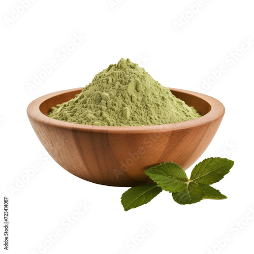 pile of finely dry organic fresh raw nettle leaf powder in wooden bowl png isolated on white background. bright colored of herbal, spice or seasoning recipes clipping path. selective focus photo