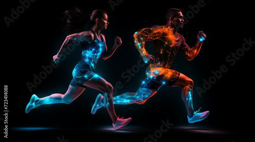Glowing silhouettes of a sporty man and woman in a high-energy run against black backdrop © Emiliia