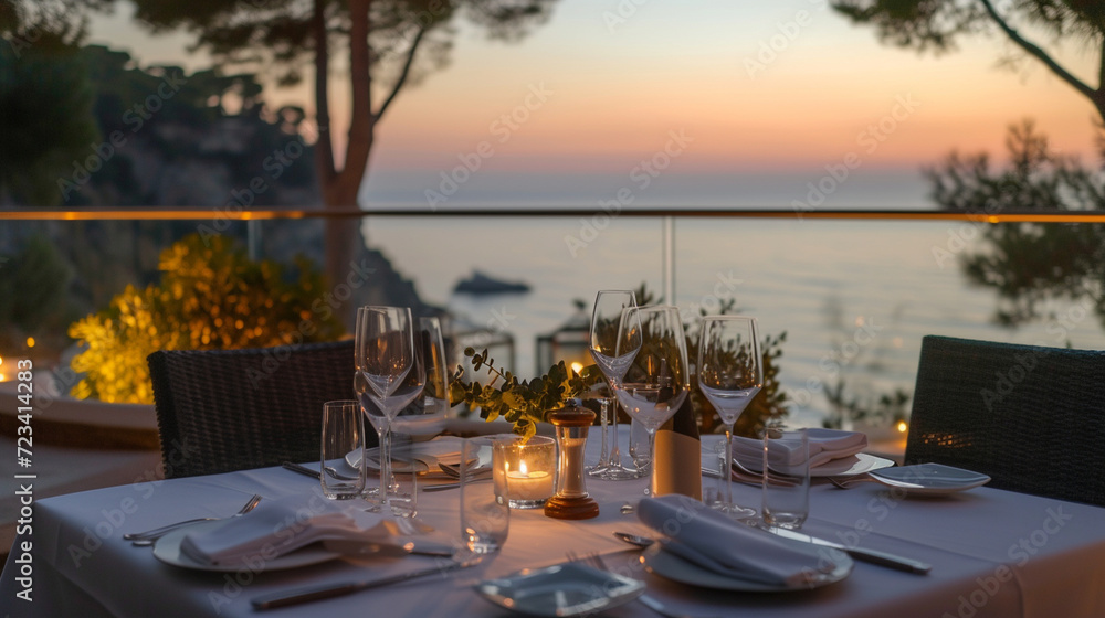 A romantic dinner on the terrace of a Michelin-starred restaurant with a view of the Mediterranean, creating an elegant and intimate scene, with space for gourmet messages