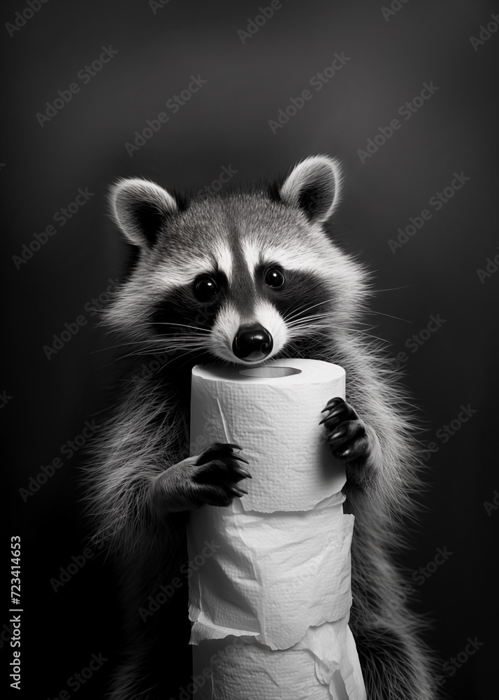 Obraz premium Funny raccoon and toilet paper poster, bathroom poster, funny raccoon , bathroom poster 