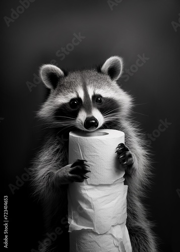 Fototapeta Naklejka Na Ścianę i Meble -  Funny raccoon and toilet paper poster, bathroom poster, funny raccoon , bathroom poster 