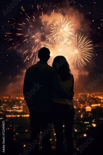 silhouette of romantic couple of man and woman watching fireworks at holiday celebration, dating people looking up at fire works at night, love and valentines concept