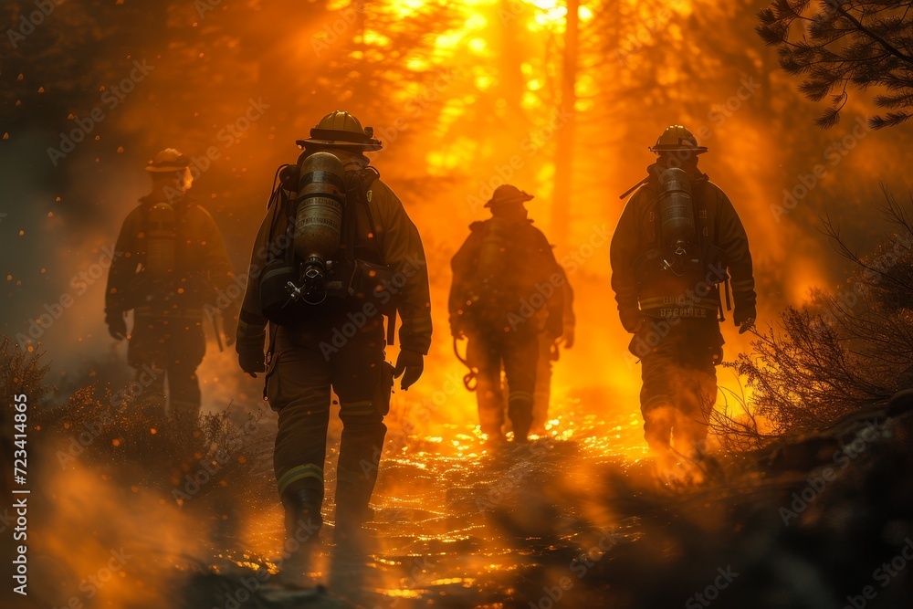 A determined group of firefighters braving the scorching heat and potential violence of the outdoors as they walk through the woods, ready to battle any blaze