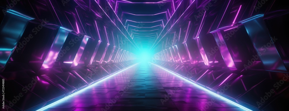 Obraz premium Wallpaper, abstract background, pulsating colors in a neon tunnel, dark dark purple and pink, in the style of geometric decoration