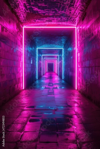 Wallpaper  abstract background  neon light glowing through a dark tunnel  in the style of layered geometry  violet and aquamarine  high-angle