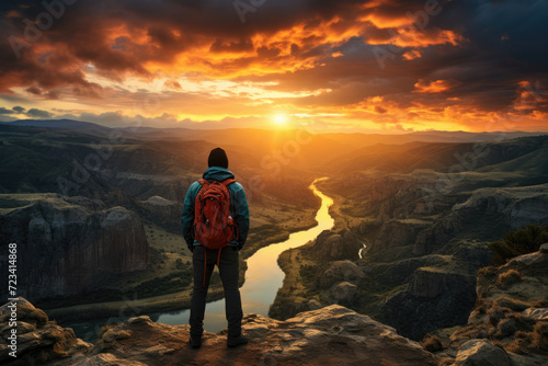 A photographer capturing the sunrise over a canyon, showcasing the majesty of the landscape. Concept of nature photography and early morning tranquility. Generative Ai.