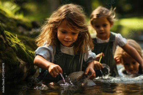Children playing in a creek  discovering the joy of simple natural wonders. Concept of childhood exploration and natural play. Generative Ai.