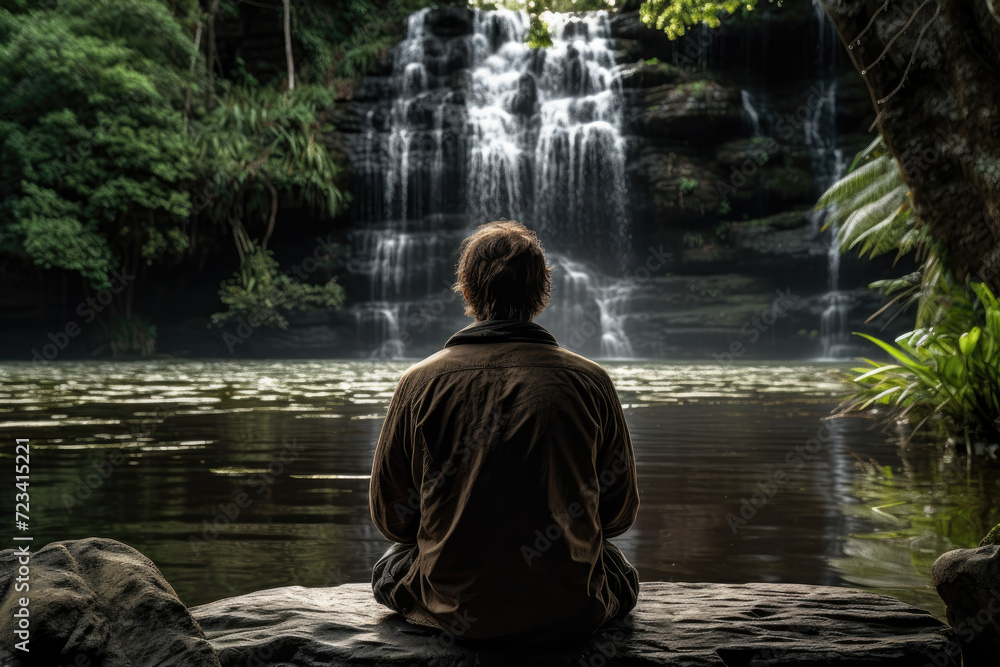 A person sitting quietly by a waterfall, absorbed in the sound and sight of cascading water. Concept of tranquility and the therapeutic effects of waterfalls. Generative Ai. A person sitting quietly by a waterfall, absorbed in the sound and sight of cascading water. Concept of tranquility and the therapeutic effects of waterfalls. Generative Ai.