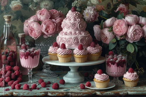 Indulge in a mouth-watering display of sugary treats, adorned with delicate roses and creamy buttercream icing, all set upon a charming cake stand for a perfect celebration of sweetness photo