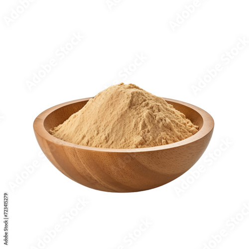 pile of finely dry organic fresh raw olive powder in wooden bowl png isolated on white background. bright colored of herbal, spice or seasoning recipes clipping path. selective focus photo