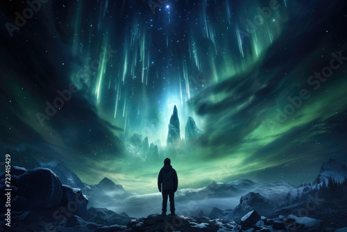 A person standing under the Northern Lights, witnessing the magical dance of nature's light show. Concept of once-in-a-lifetime experiences and natural phenomena. Generative Ai.