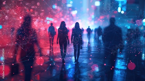 Wallpaper, abstract background, people sharing different information on a dark background, in the style of light cyan and crimson, multidimensional figures