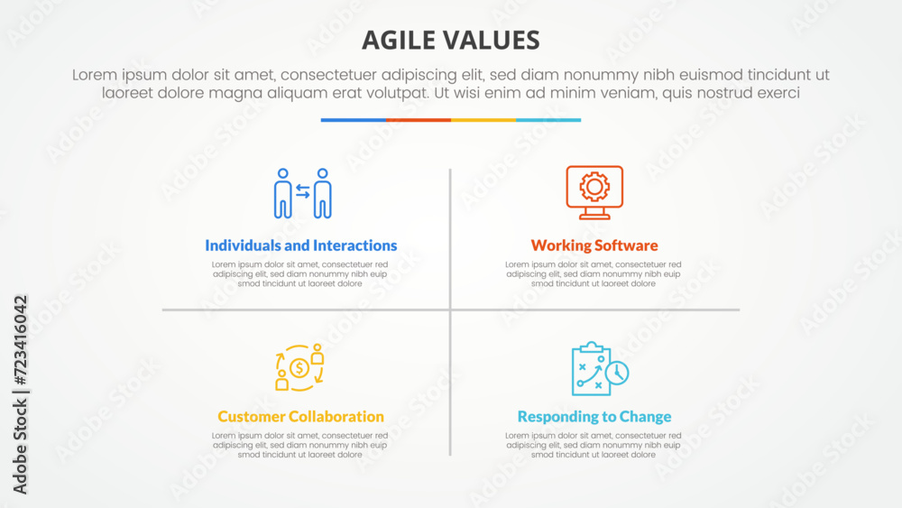 agile values infographic concept for slide presentation with matrix structure and line divider with 4 point list with flat style agile values infographic concept for slide presentation with matrix structure and line divider with 4 point list with flat style