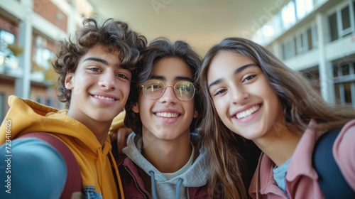 happy multiracial teenager classmate students selfie with smartphone together.