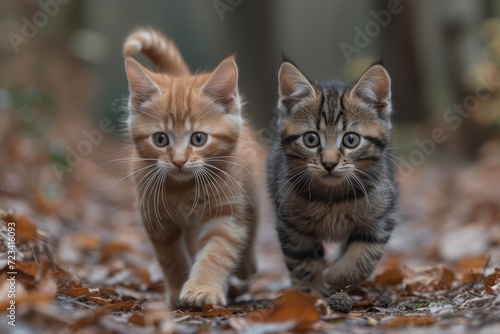 Two fluffy kittens explore the autumn ground, their curious whiskers twitching as they frolic among fallen leaves