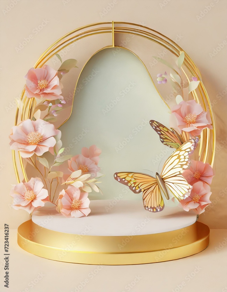 Product podium showcase mockup, flowers and butterlies decoration, product platform mock up Product podium showcase mockup, flowers and butterlies decoration, product platform mock up