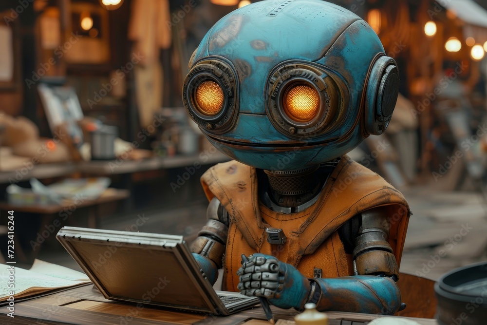 A solitary robot sits at a desk, illuminated by the soft glow of a laptop screen in the cozy indoor space A solitary robot sits at a desk, illuminated by the soft glow of a laptop screen in the cozy indoor space