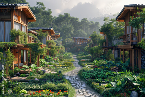 A neighborhood adopting a rainwater harvesting system, utilizing natural resources for gardening. Concept of community-based water conservation. Generative Ai.