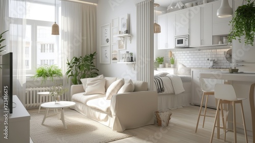 Scandinavian style small studio apartment with stylish design in light pastel colors with big window, living room, kitchen space and bed 